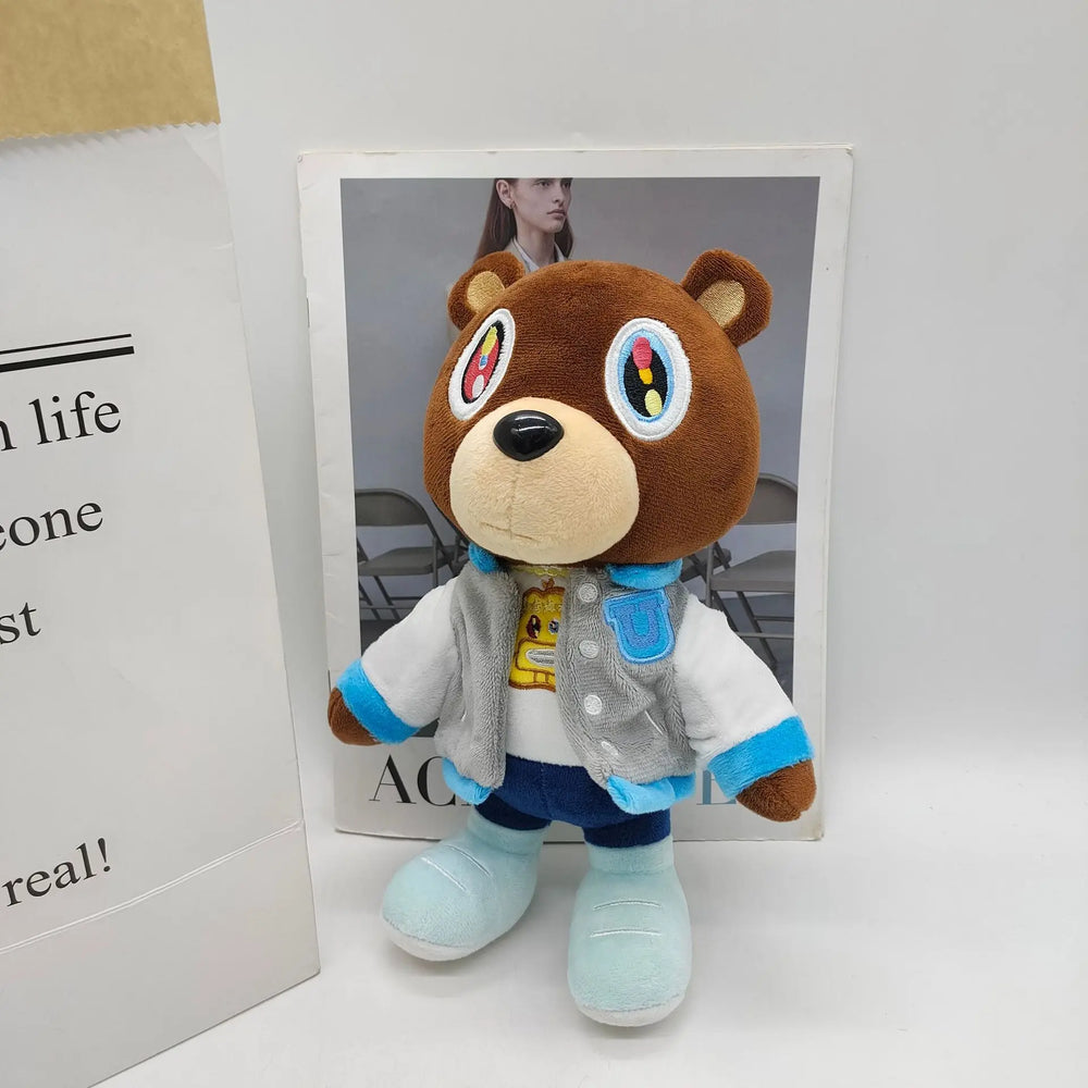 Kanye West blue scarf custom icon plushie, 27cm bear in a pale blue scarf and jacket over a graphic tee, view 4