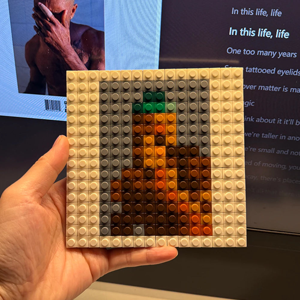 Brick mosaic album cover in pixel art — colorful building block music wall art