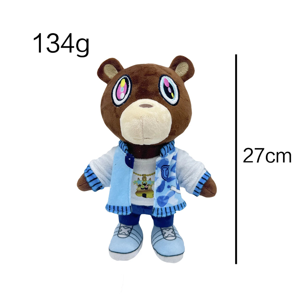 Kanye West brown jacket custom icon plushie, 30cm bear in a brown jacket over a burgundy tee carrying a small bear graphic, view 8