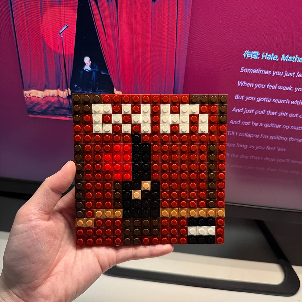 Colorful pixel art brick mosaic album cover — building block music wall display