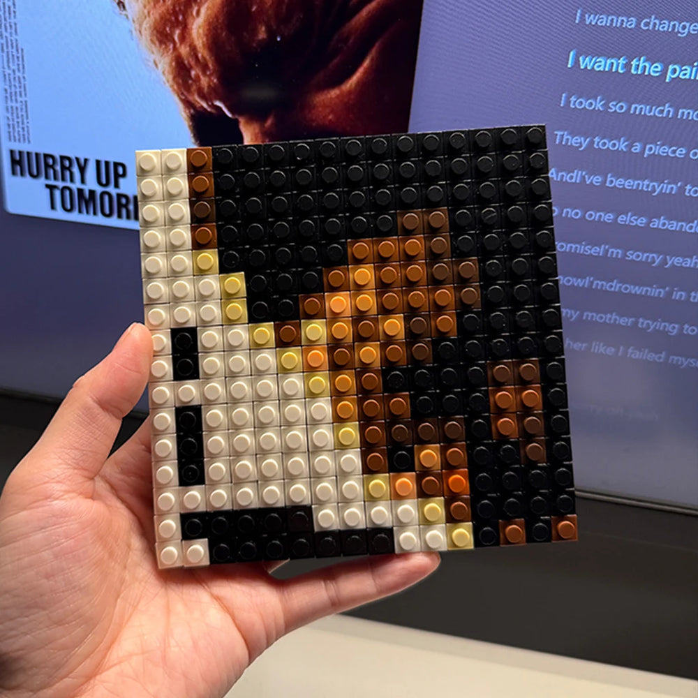 Pixel building block album cover mosaic — bright brick art for music room decor