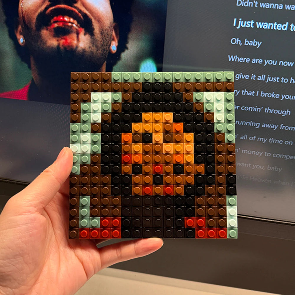 Brick mosaic album cover in pixel art — colorful building block music wall art