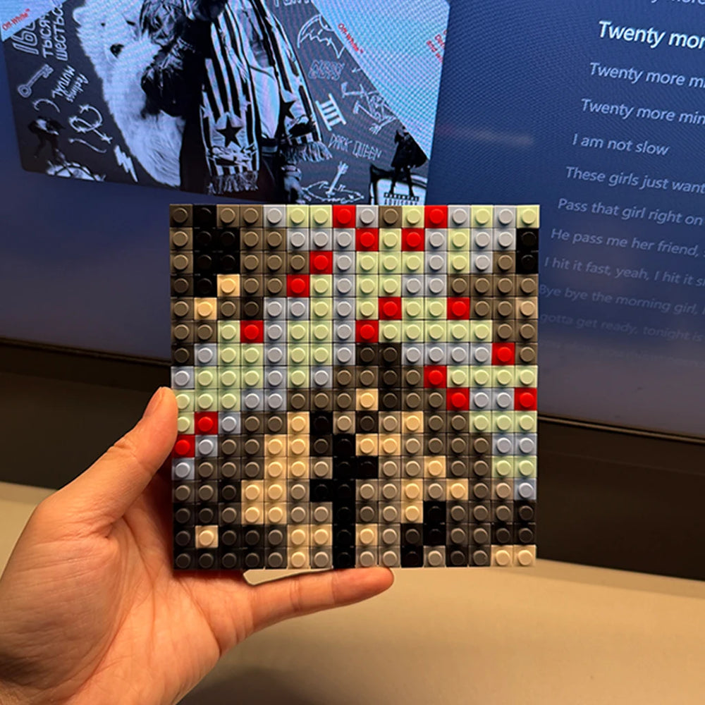 Pixel building block album cover mosaic — bright brick art for music room decor