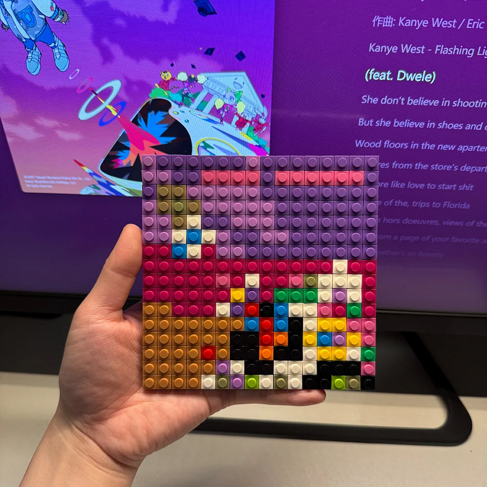 Album cover pixel mosaic in building bricks — vibrant DIY music wall art set
