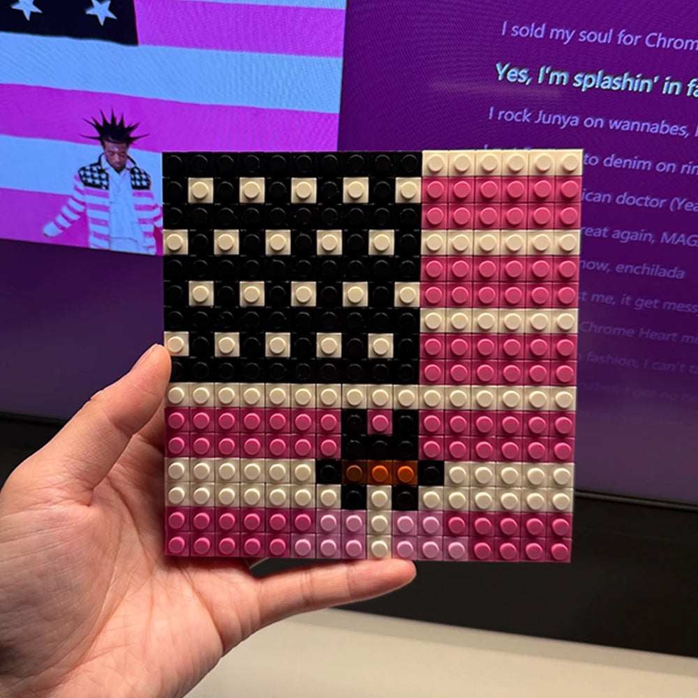 Colorful pixel art brick mosaic album cover — building block music wall display