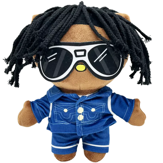 THE SOSA rapper plush collectible — soft sculpture in cobalt blue denim jacket with white contrast stitching