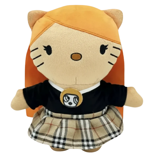 THE BIG GUY rapper plush collectible — soft sculpture in black cropped tee and pleated plaid skirt with ginger-tone hair