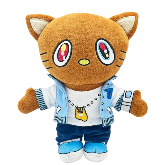 THE DROPOUT rapper plush collectible — soft sculpture figure in light-blue varsity jacket with multi-tone ocular art