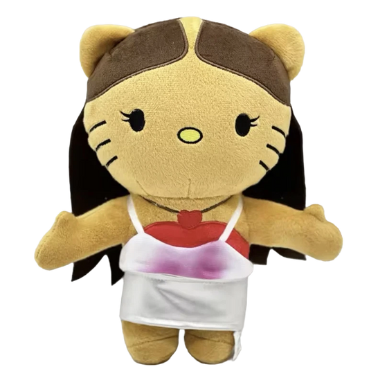 THE RODRIGO pop plush collectible — soft sculpture in white satin slip dress with red underlay and scarlet heart pendant