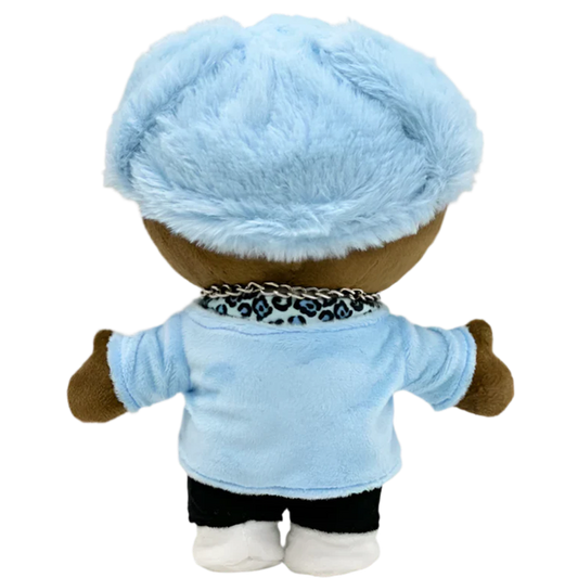 THE CREATOR rapper plush collectible — oversized baby-blue fluff headwear and silver Cuban link chain, hip-hop icon display figure