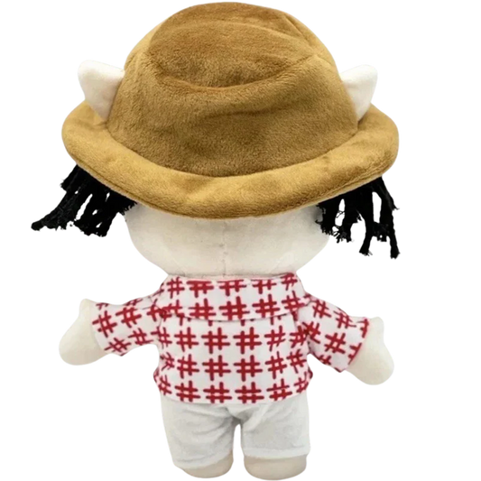 THE SAN BONITO rapper plush collectible — hip-hop soft sculpture showing tan bucket hat with scarlet heart motif and goatee