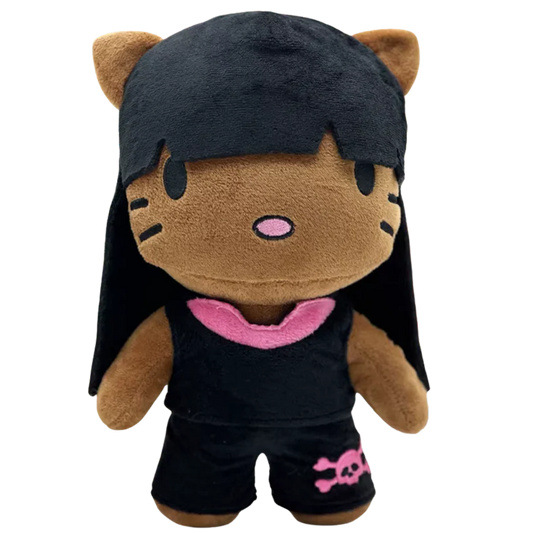 THE STARSHIP rapper plush collectible — soft sculpture in black tank with pink-trim neckline and skull-and-crossbones shorts