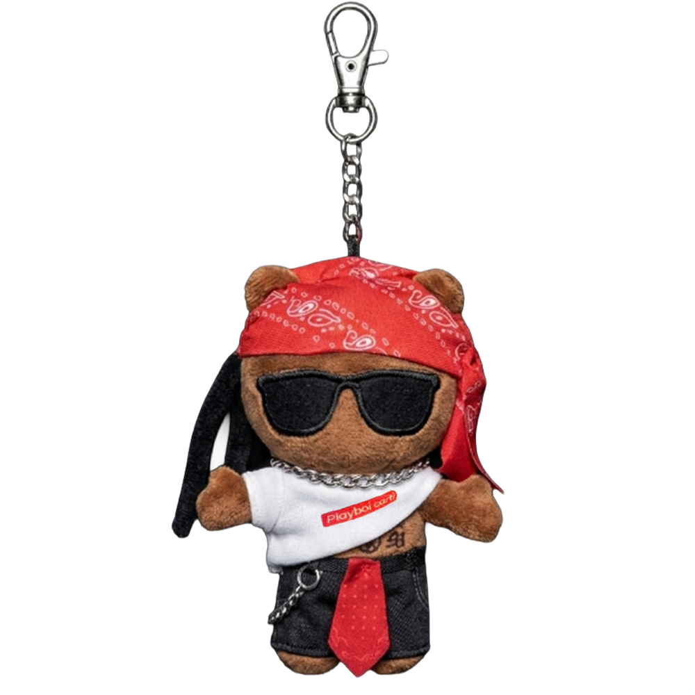 THE CARTI PREME plush keychain bag charm — embroidered facial tattoos and high-volume hair
