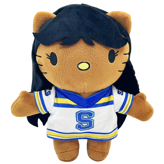 THE CTRL R&B plush collectible — soft sculpture figure in oversized blue-and-yellow varsity jersey with S monogram
