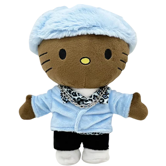 THE CREATOR rapper plush collectible — soft sculpture in baby-blue velvet cardigan with leopard-patterned collar