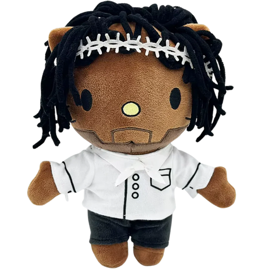 THE MR MORALE rapper plush collectible — soft sculpture with white thorn-motif crown headband and black-piped button-down