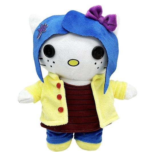 THE BUTTONS plush collectible — soft sculpture in yellow raincoat with red buttons and 3D black button eyes