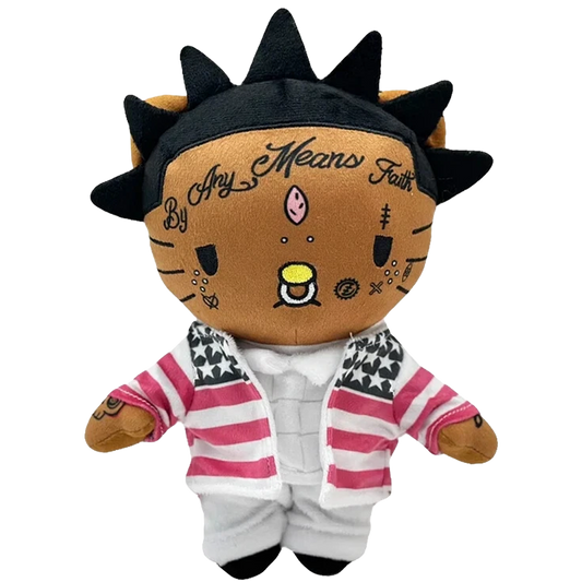 THE UZI VERT rapper plush collectible — soft sculpture in pink-and-white striped jacket with star-patterned lapels