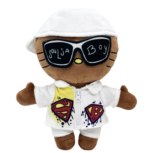 THE FIRST EVER rapper plush collectible — soft sculpture figure with split-tone ash-blonde hair and white-frame eyewear