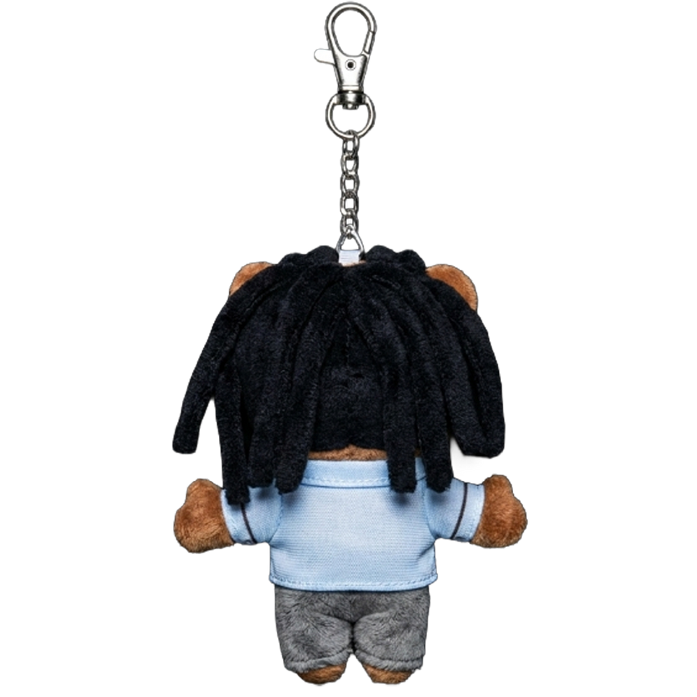 THE MR MORALE plush keychain bag charm — signature headwear and metal clasp hardware