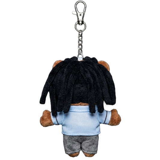 THE MR MORALE plush keychain bag charm — signature headwear and metal clasp hardware