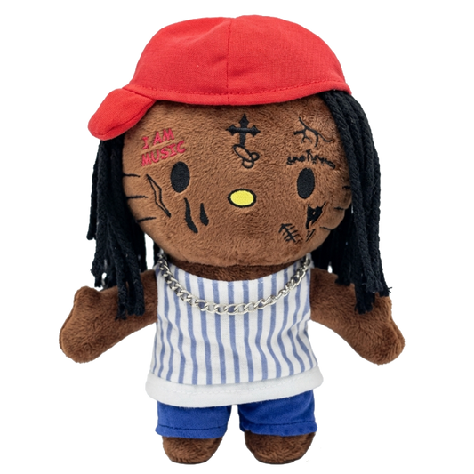 THE CARTER rapper plush collectible — soft sculpture in blue-and-white vertical-striped tank with red side-facing cap
