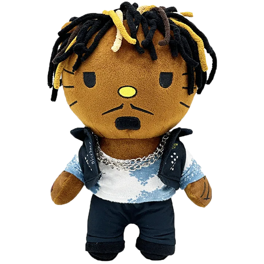 THE LUCID DREAMS rapper plush collectible — soft sculpture in dark denim vest over cloud-motif tee