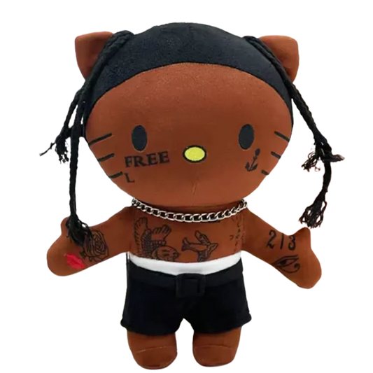 THE CACTUS JACK rapper plush collectible — hip-hop soft sculpture in black utility shorts with belt buckle and white layering