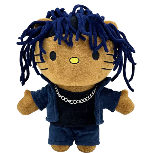 THE WRLD rapper plush collectible — hip-hop soft sculpture figure with cobalt-blue rope hair and silver Cuban link chain