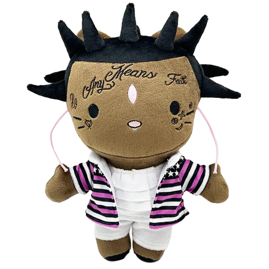 THE BABY PLUTO rapper plush collectible — hip-hop soft sculpture in pink-and-white striped star-patterned jacket