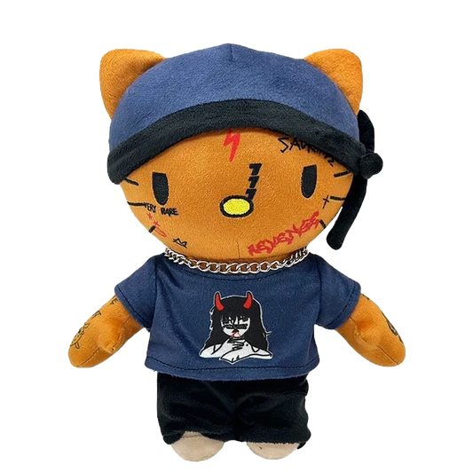 THE SLUMP GOD rapper plush collectible — hip-hop soft sculpture figure with black durag, navy graphic tee and silver beaded chain