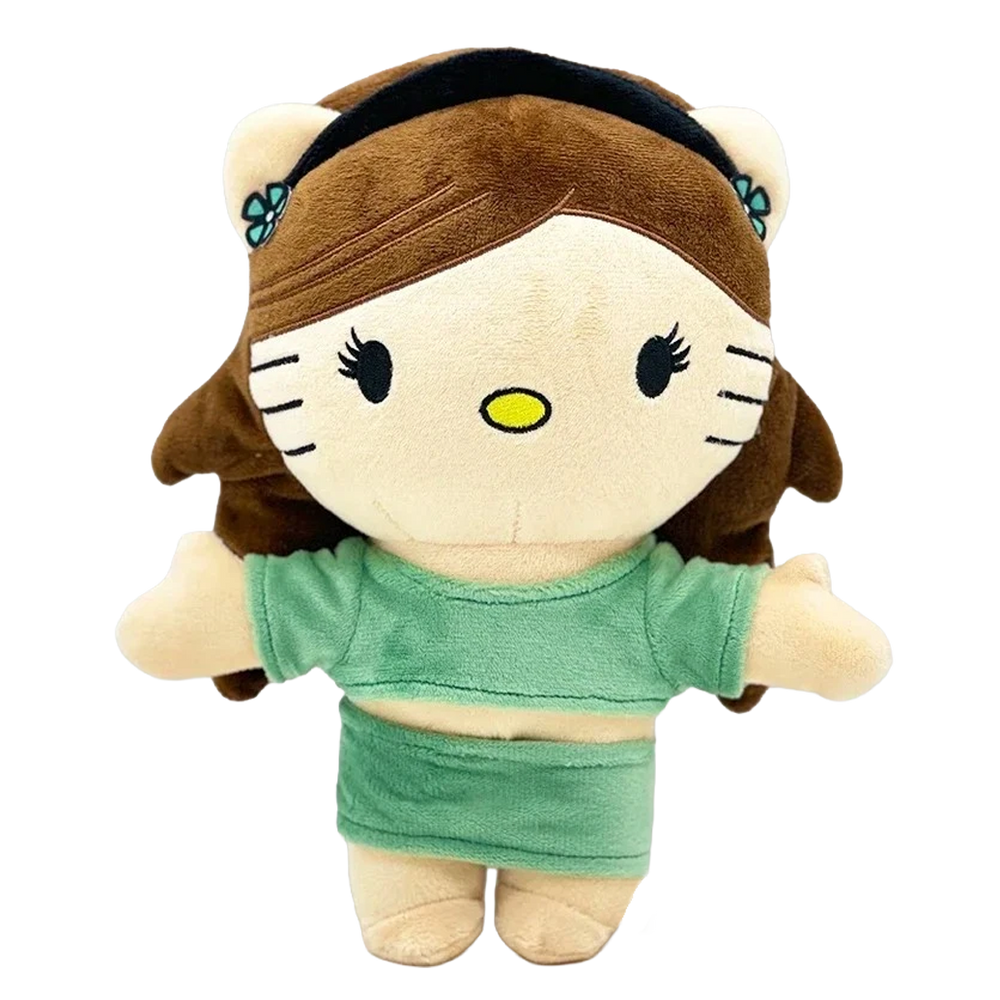 THE GRANDE pop plush collectible, soft sculpture figure in seafoam green crop top with high-volume brunette hair