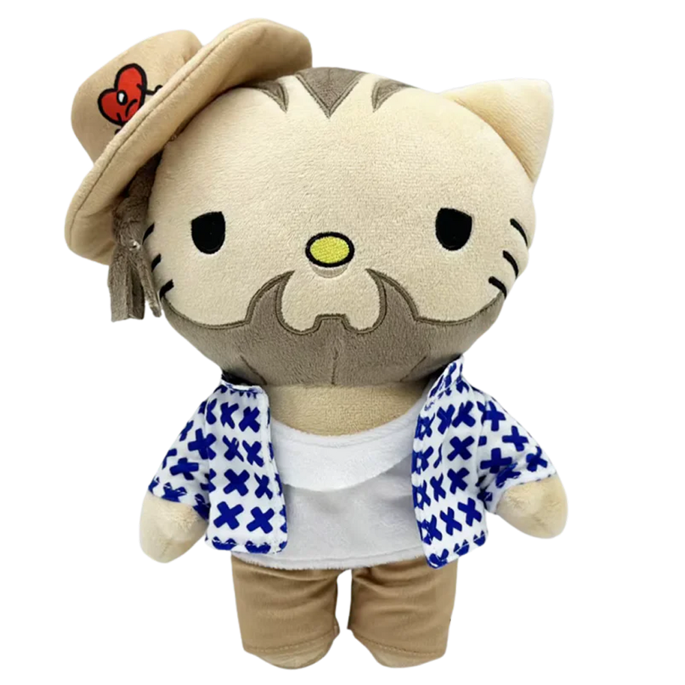THE BAD BENITO pop plush collectible, music soft sculpture in blue-and-white patterned open-button shirt and tan trousers