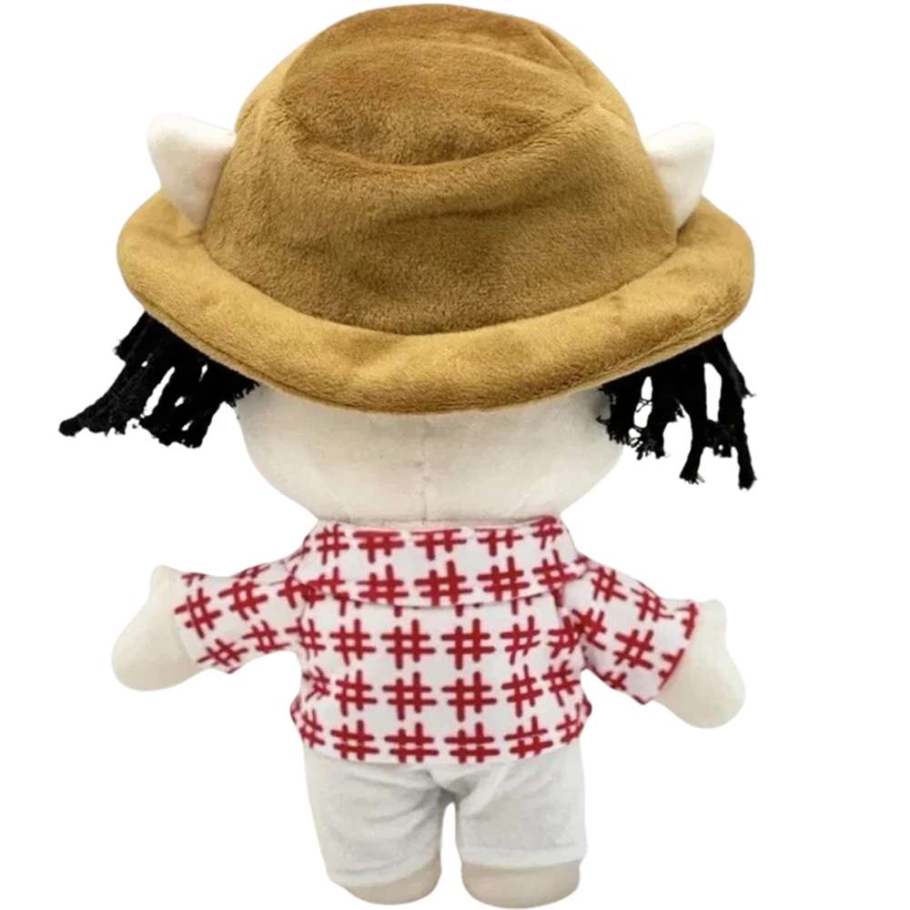 THE SAN BONITO rapper plush collectible, hip-hop soft sculpture showing tan bucket hat with scarlet heart motif and goatee