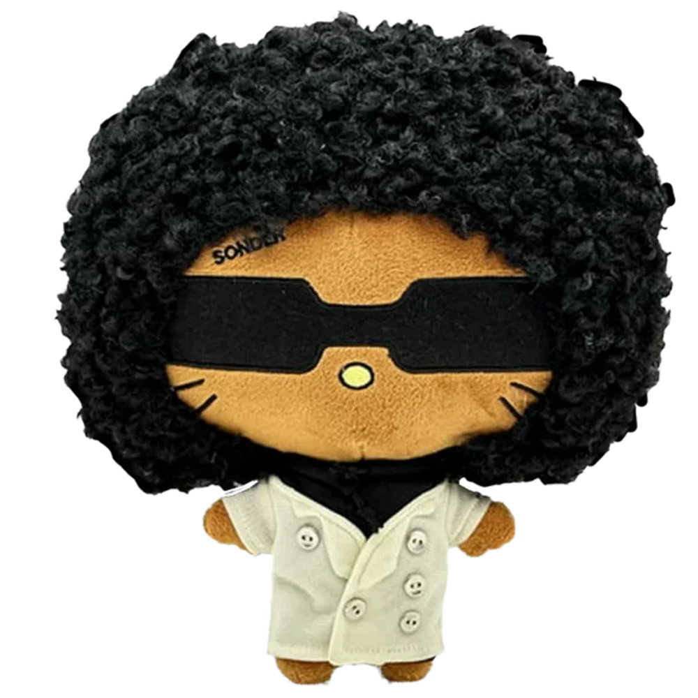 THE DEAD MAN R&B plush collectible, soft sculpture figure with off-white double-breasted peacoat and high-volume charcoal hair