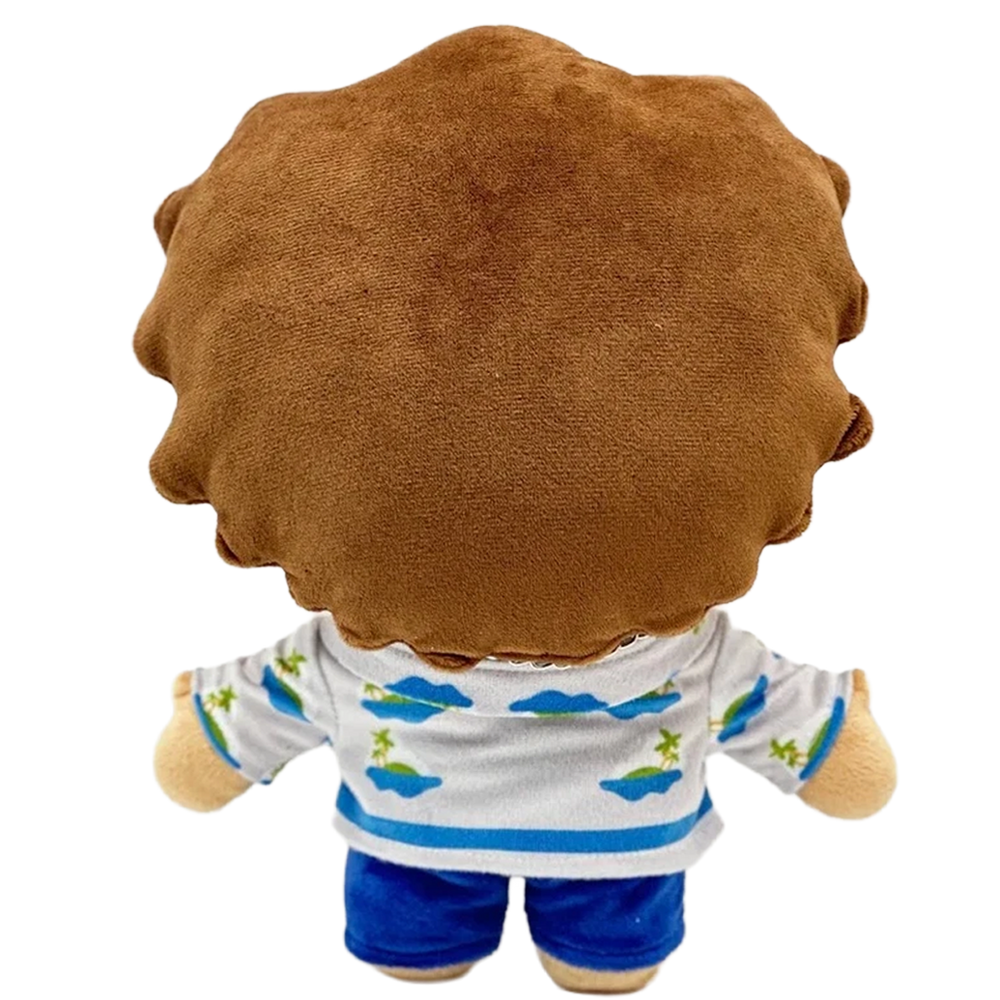 THE MARZ pop plush collectible, cobalt archival shorts, silver Cuban link chain and brunette wavy hair