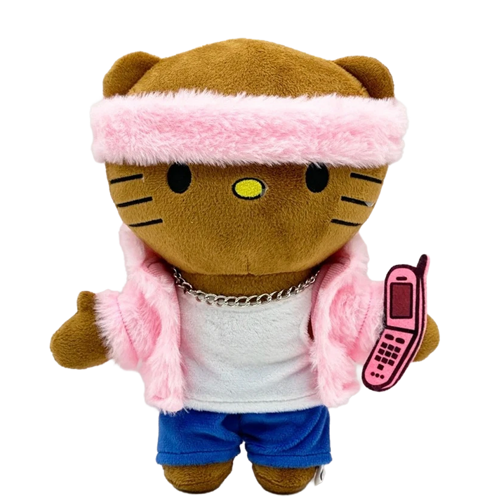 THE KILLA PINK rapper plush collectible, hip-hop soft sculpture in baby-pink fur vest and headband with cobalt-blue shorts