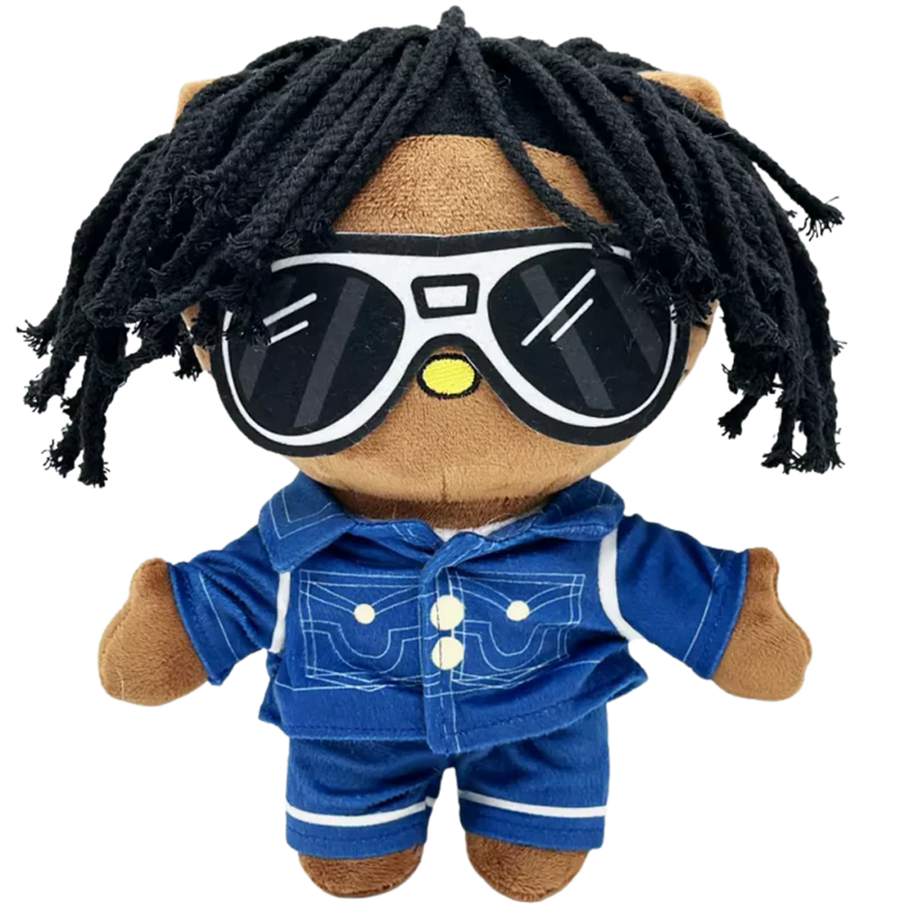 THE SOSA rapper plush collectible, soft sculpture in cobalt blue denim jacket with white contrast stitching