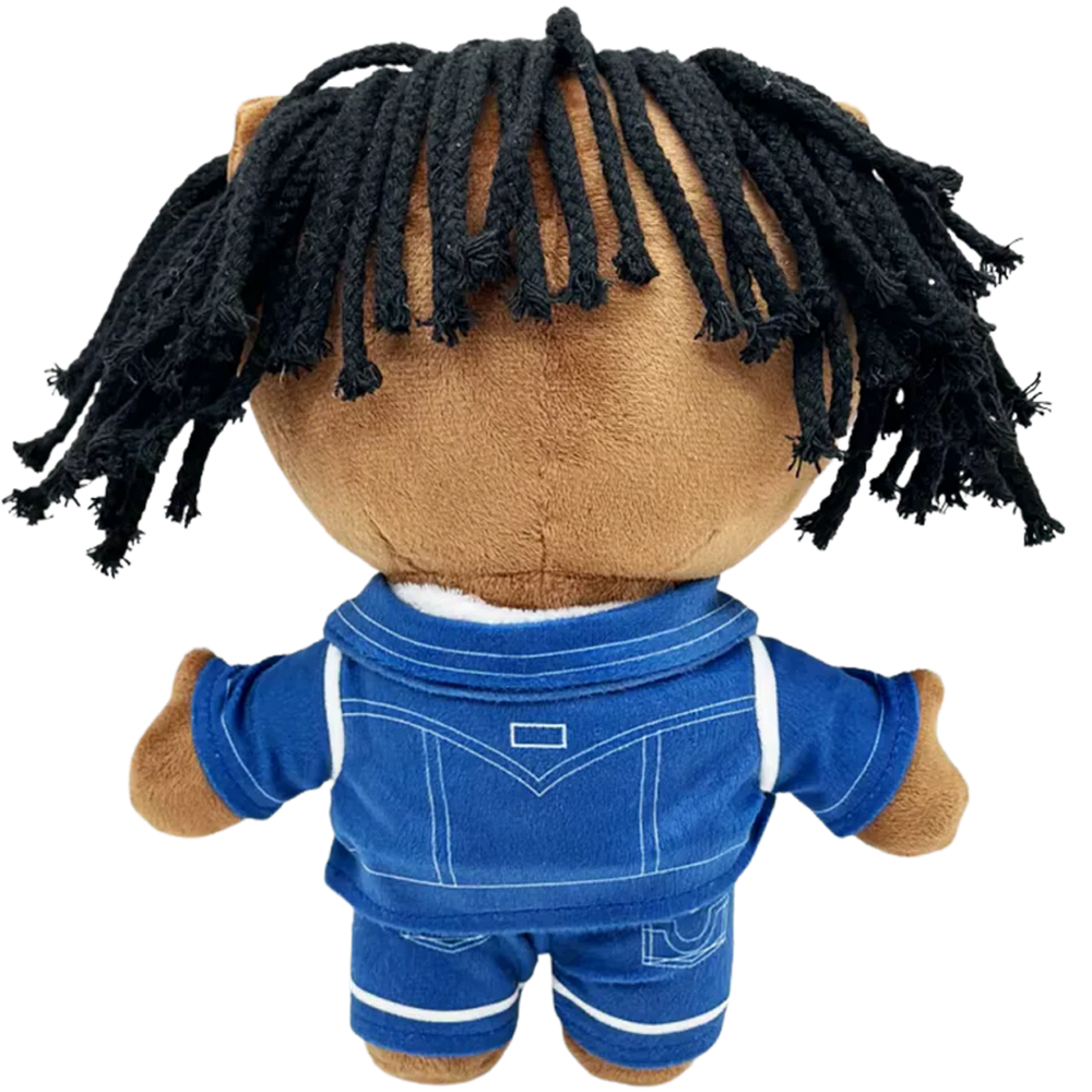 THE SOSA rapper plush collectible, oversized white-frame eyewear and charcoal rope-textured hair, hip-hop icon display figure