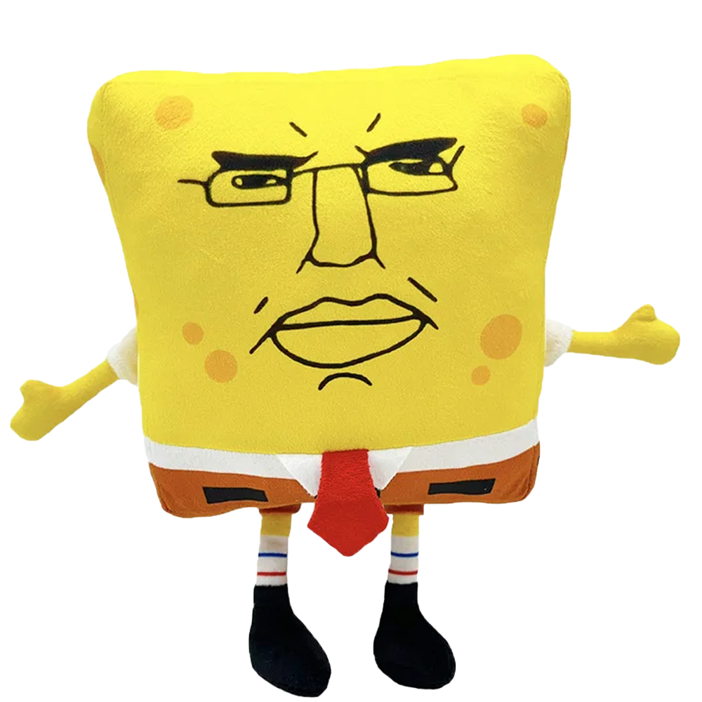 Chudbob custom plushie, square yellow body with a hand-inked face and red tie