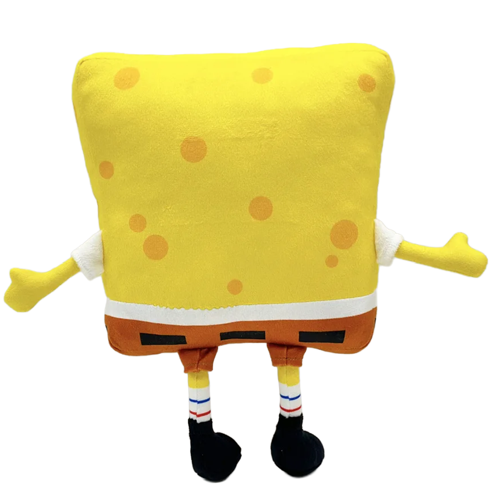 Chudbob custom plushie, square yellow body with a hand-inked face and red tie, view 2
