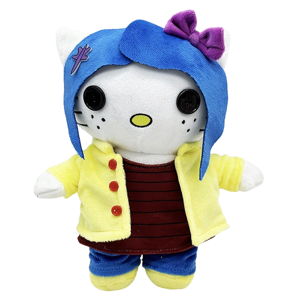 THE BUTTONS plush collectible, soft sculpture in yellow raincoat with red buttons and 3D black button eyes