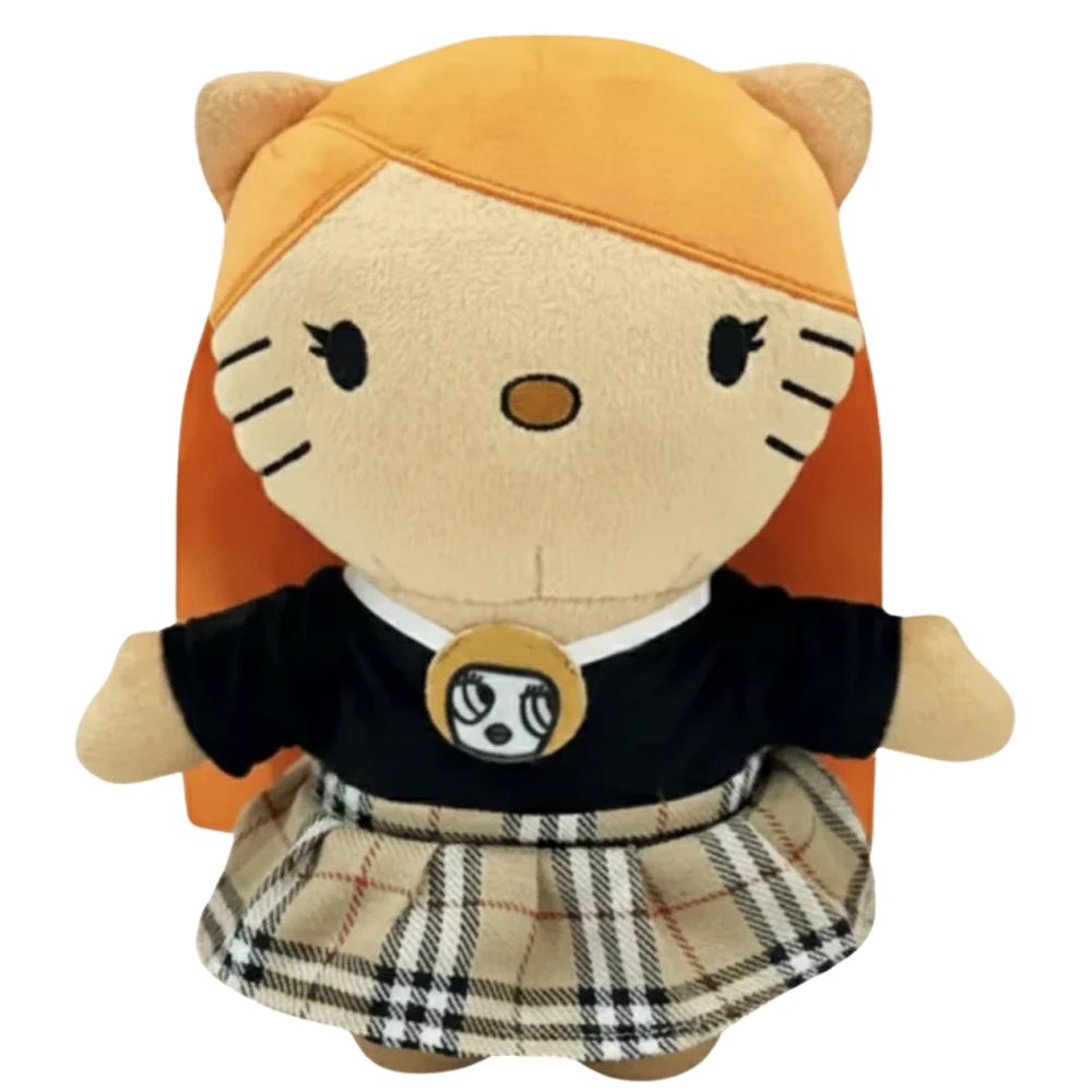 THE BIG GUY rapper plush collectible, soft sculpture in black cropped tee and pleated plaid skirt with ginger-tone hair