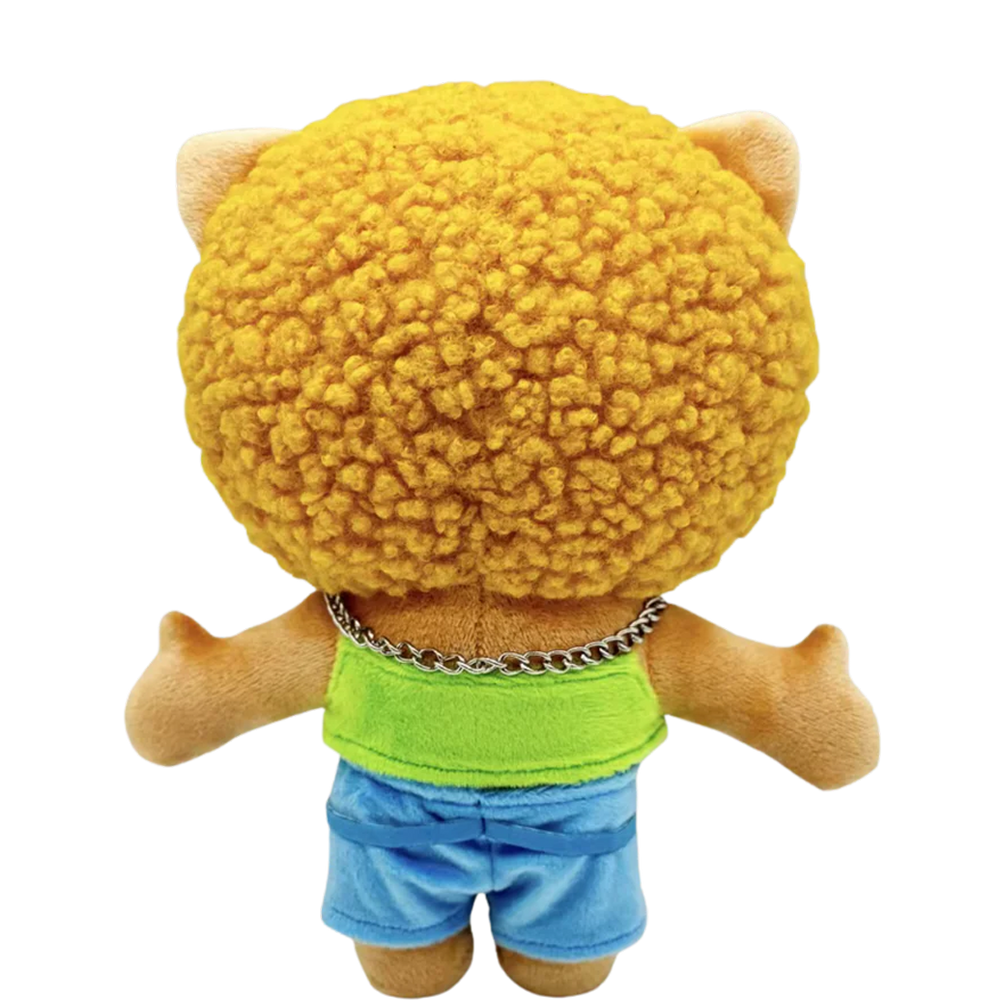 THE MUNCH rapper plush collectible, hip-hop soft sculpture showing voluminous ginger curly hair and blue belt with gold buckle
