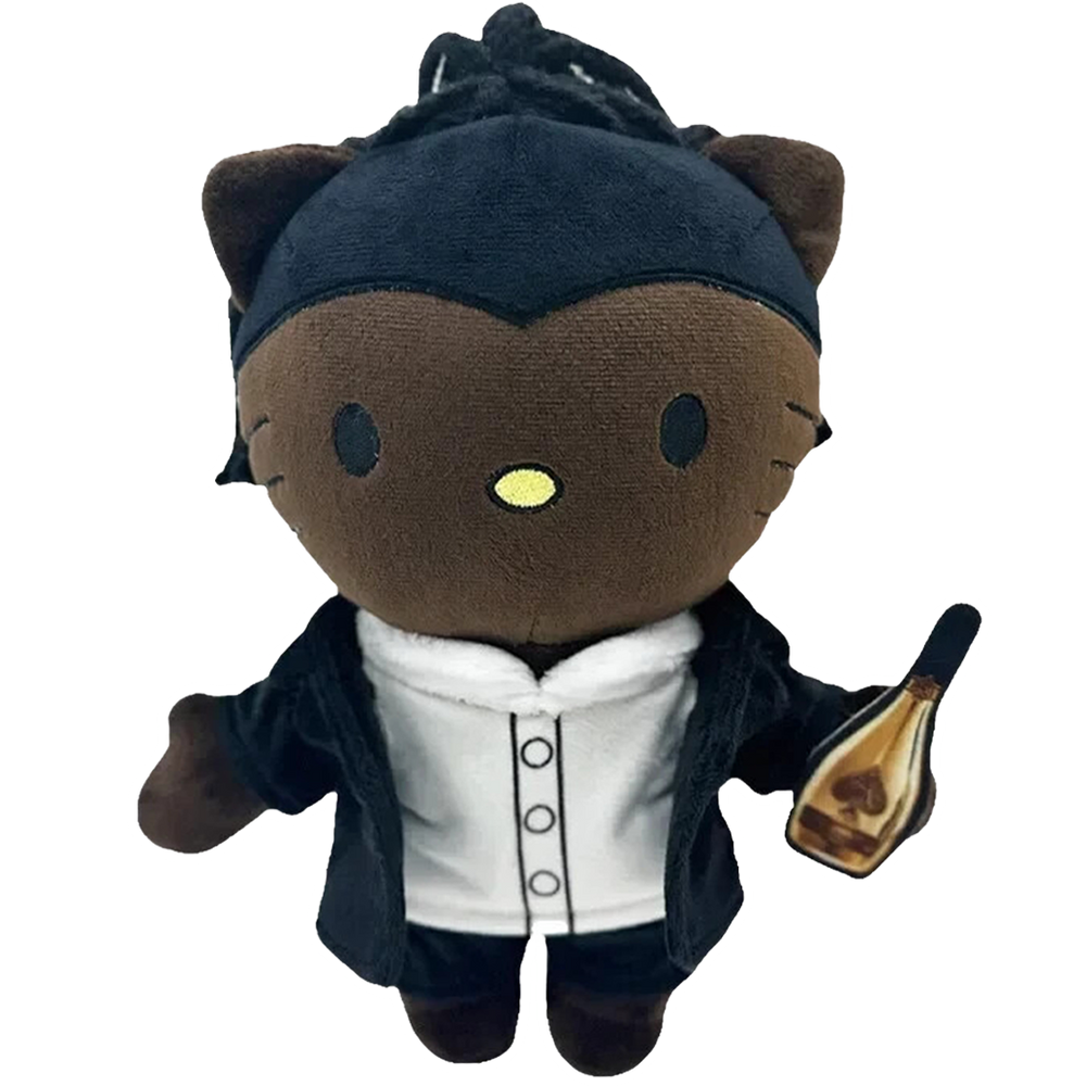 THE HOV rapper plush collectible, hip-hop soft sculpture figure in black executive blazer with gold bottle accessory