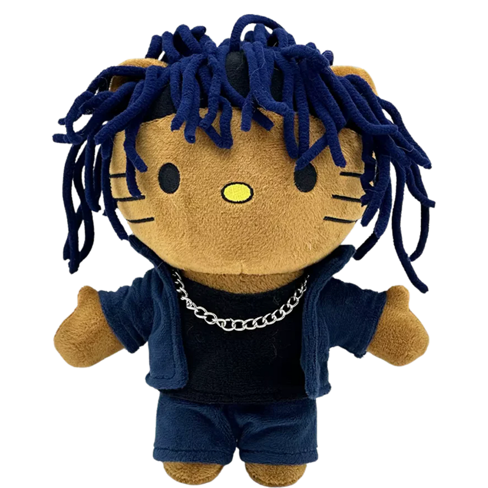 THE WRLD rapper plush collectible, hip-hop soft sculpture figure with cobalt-blue rope hair and silver Cuban link chain