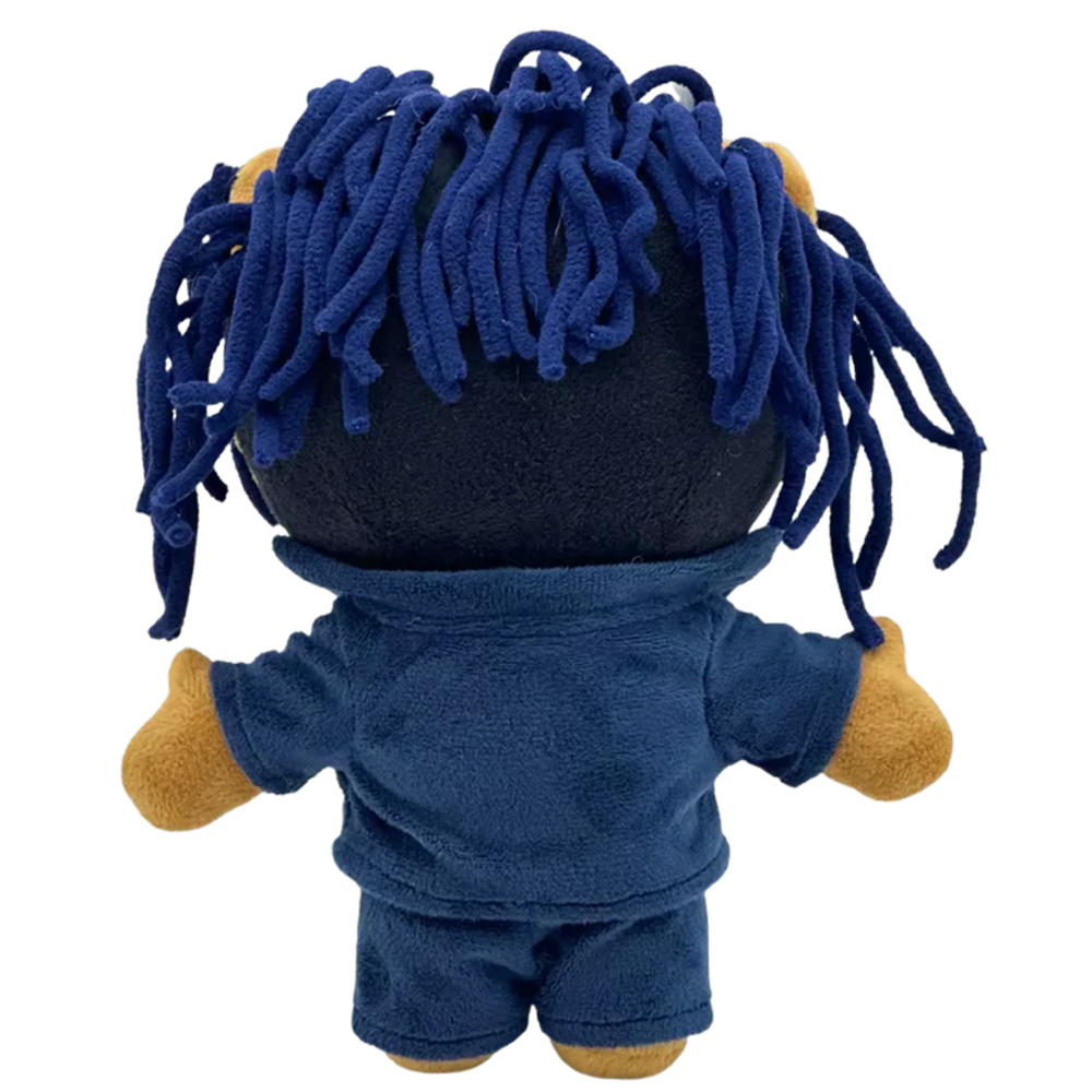 THE WRLD rapper plush collectible, hip-hop soft sculpture in open navy jacket and matching shorts over a black base shirt