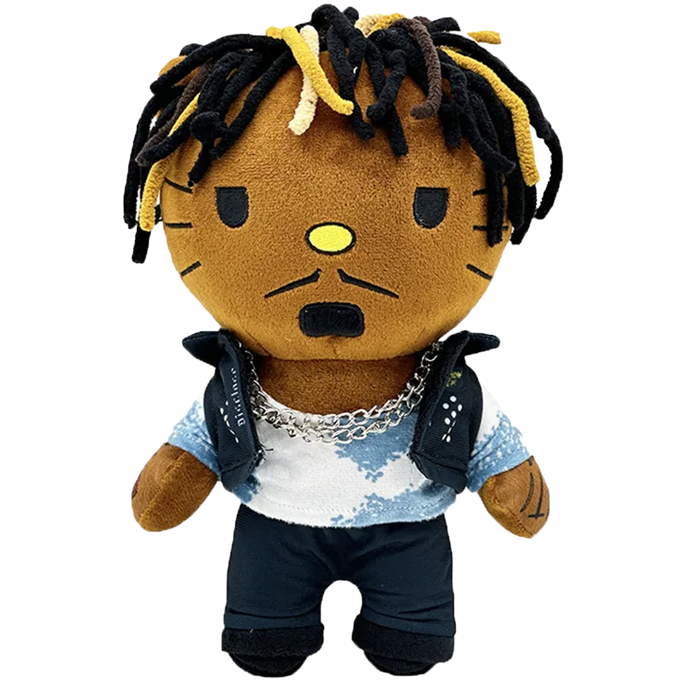 THE LUCID DREAMS rapper plush collectible, soft sculpture in dark denim vest over cloud-motif tee