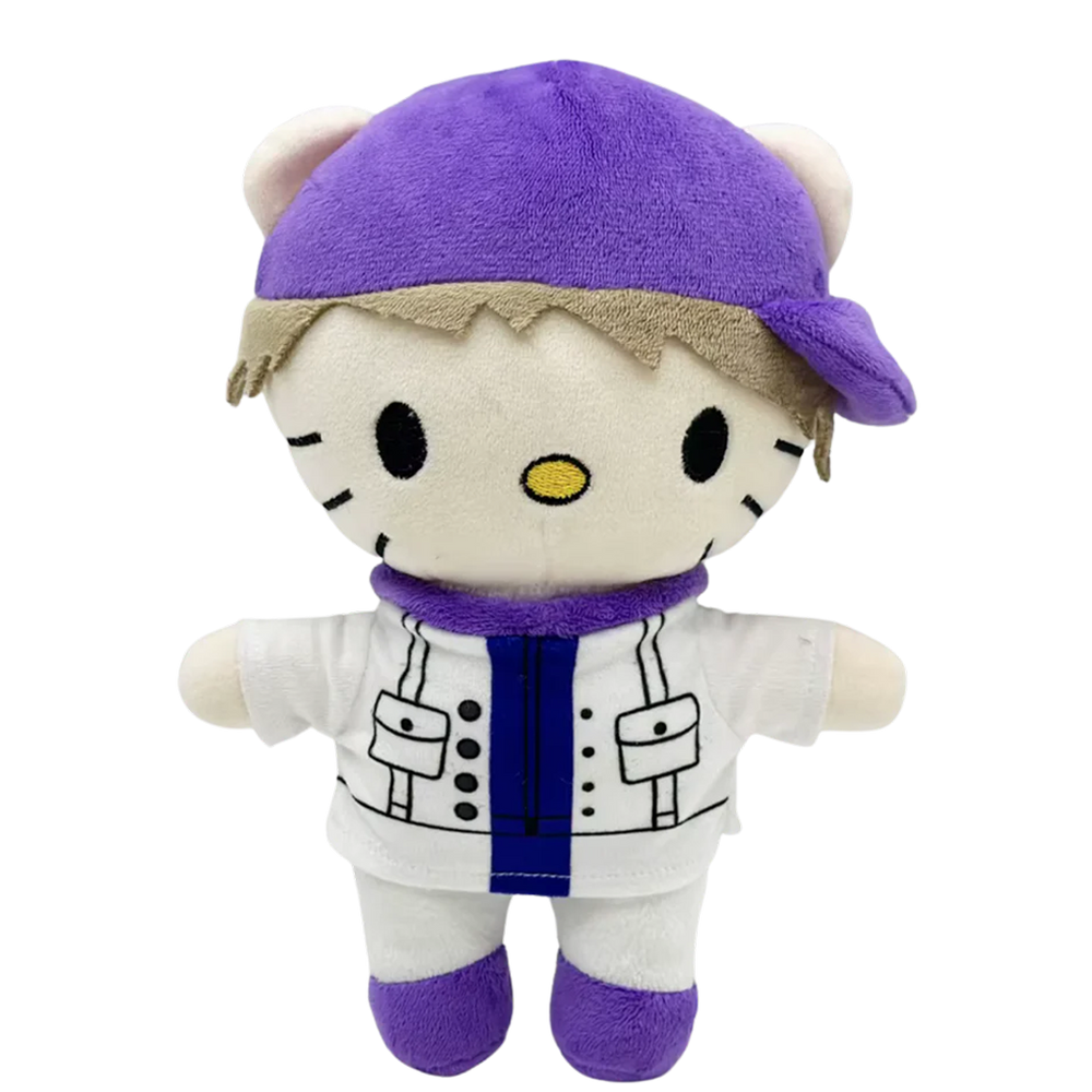 THE DREW pop plush collectible, soft sculpture figure in white utility vest with blue striping and purple mock-neck base
