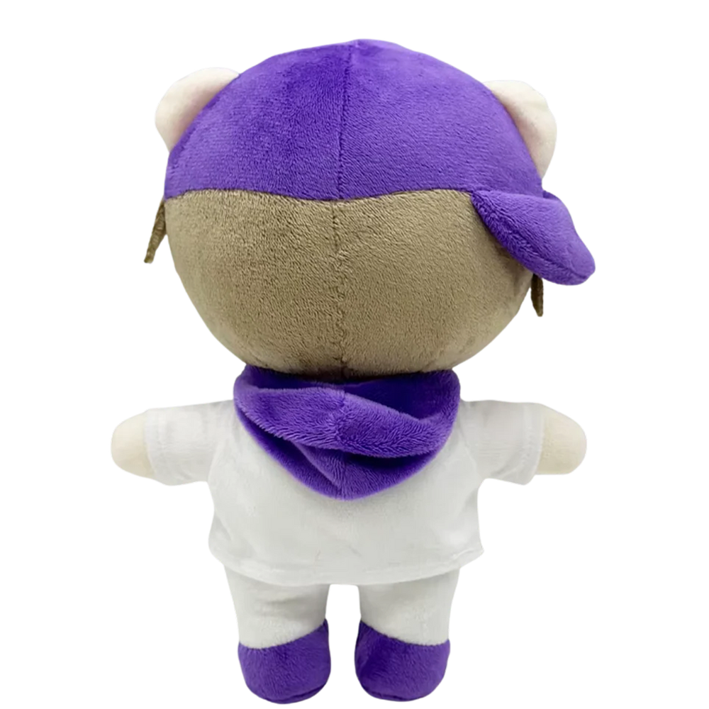 THE DREW pop plush collectible, soft sculpture showing high-chroma purple side-facing cap and jagged ash-blonde hair
